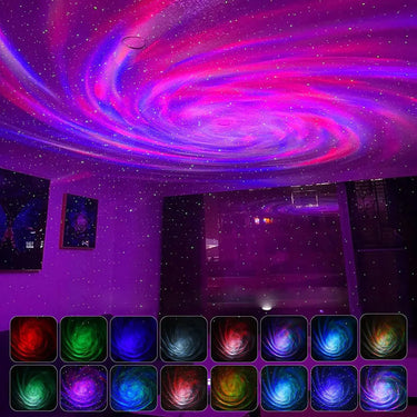 étoiles laser et galaxie violette au plafond